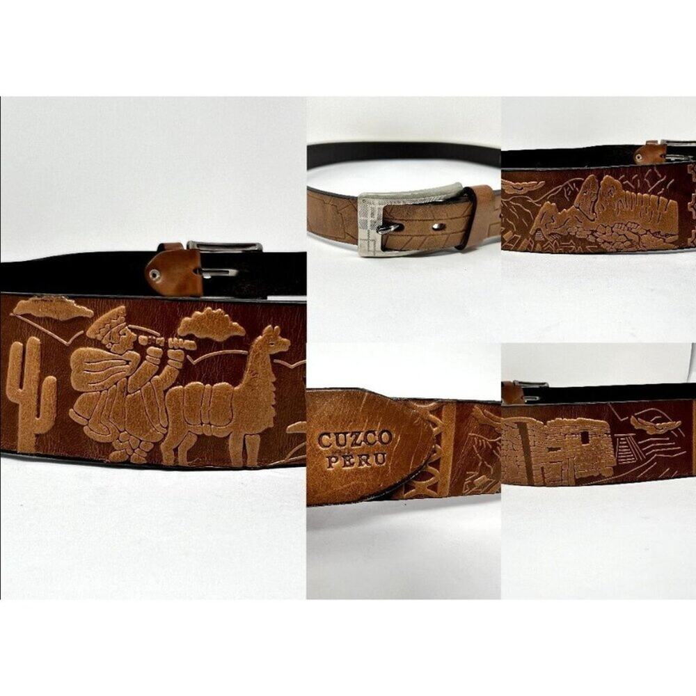 Vintage Grunts Peru Leather Belt Cuzco Tooled Carved Llama Western 40/100
